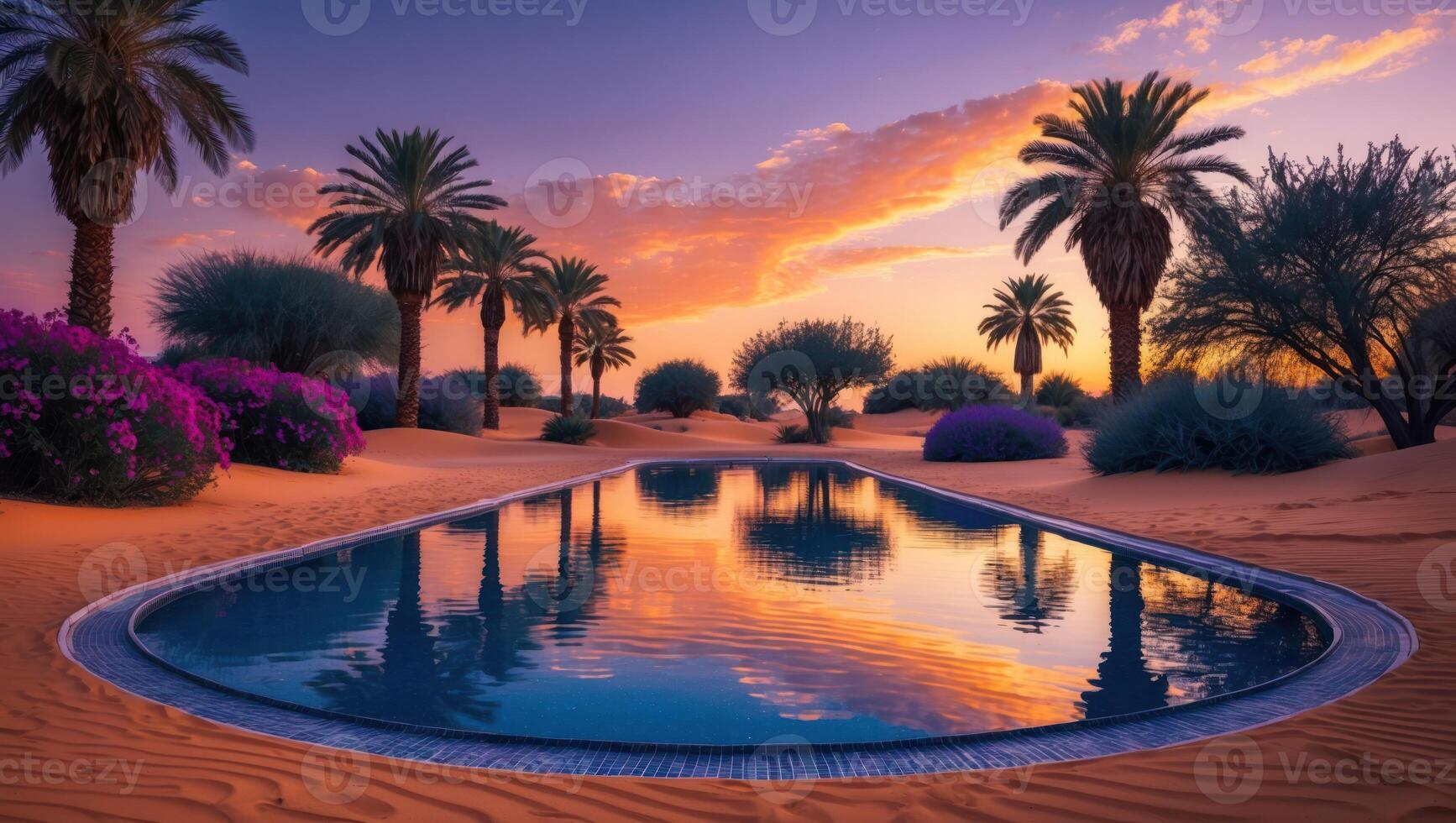 Swimming Pool Reflection at Sunset in Desert Oasis with Palm Trees photo