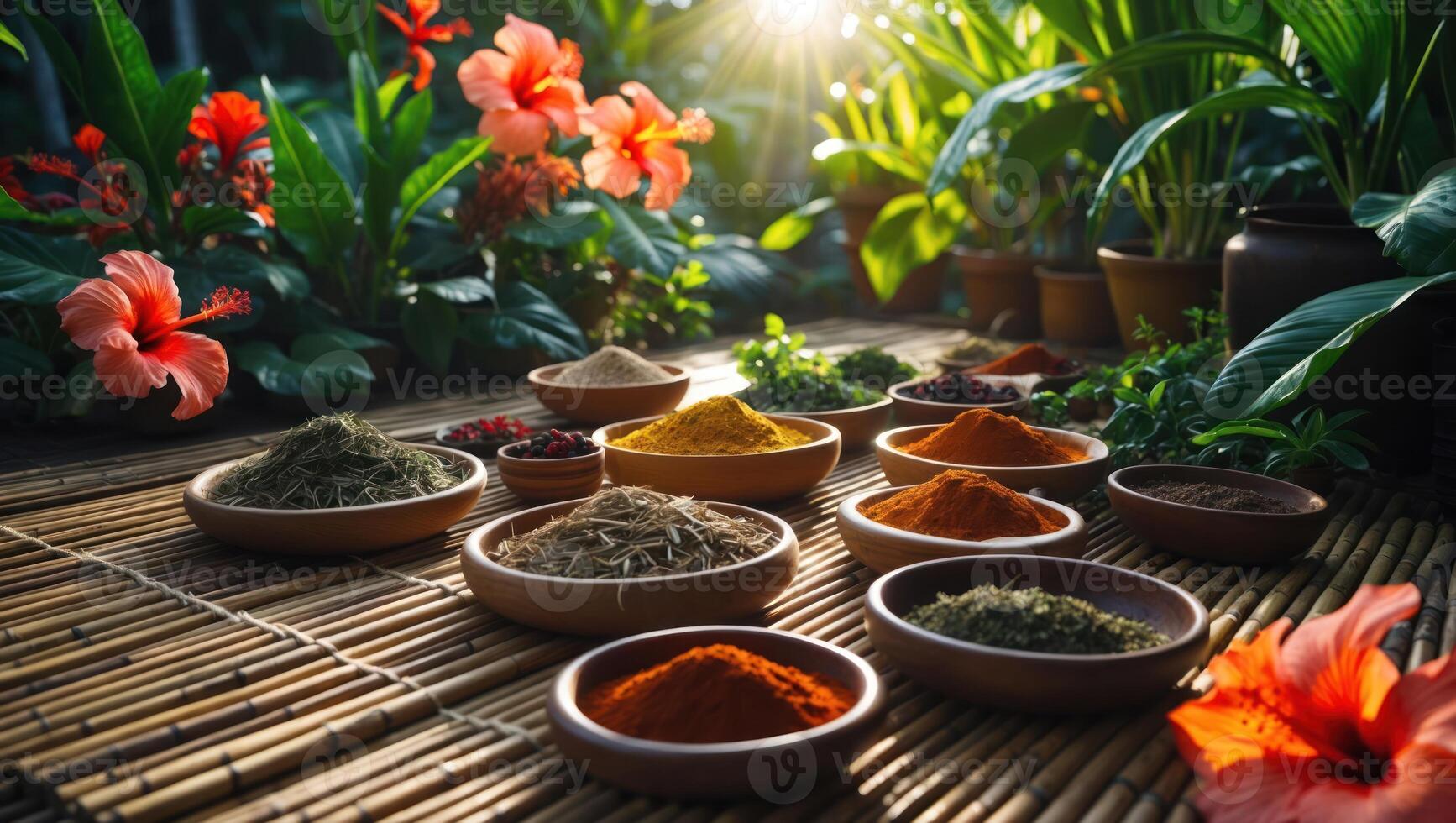Assorted Spices Displayed in Bowls on Bamboo Mat Surrounded by Flowers photo