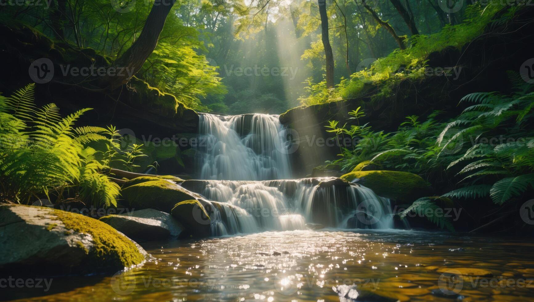 A waterfall in the forest with sunlight shining through the trees photo