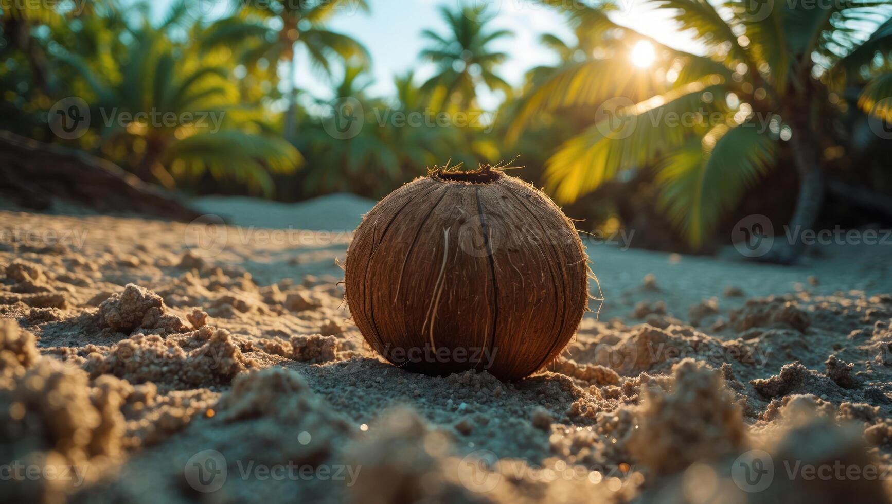 Coconut Resting on Sandy Beach with Palm Trees and Sunset Light photo