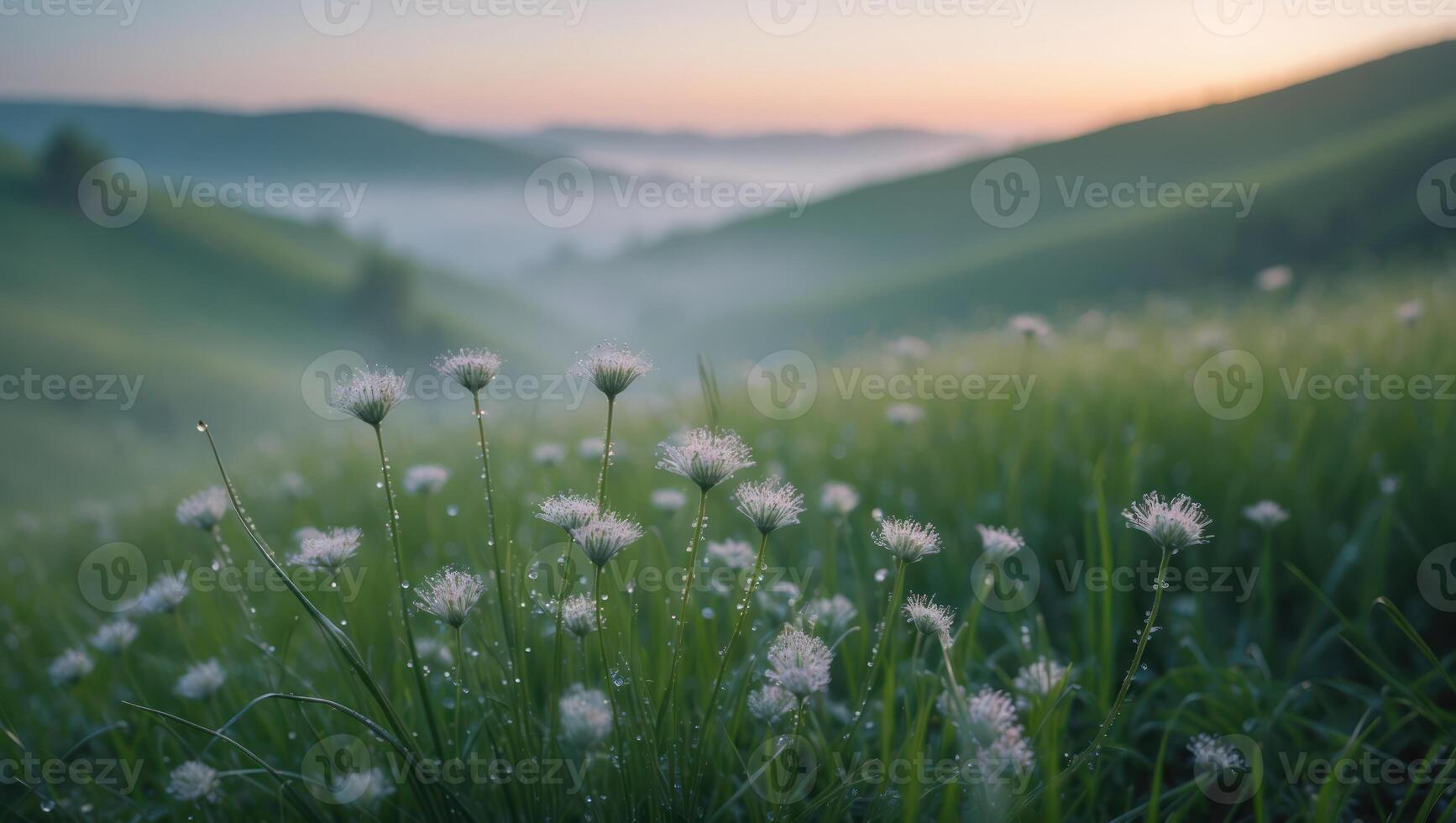 Wildflowers in Meadow with Dew at Sunrise or Sunset Landscape photo