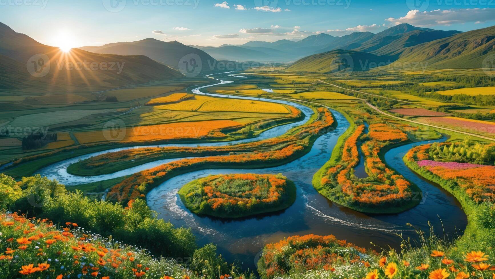River Flowing Through Valley at Sunrise with Colorful Fields photo