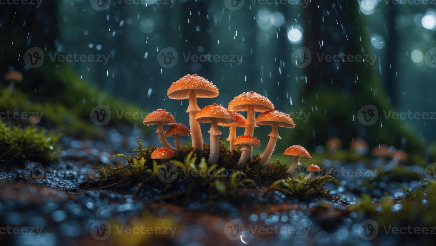 Mushroom Cluster Growing in Mossy Forest Floor During Gentle Rainfall photo