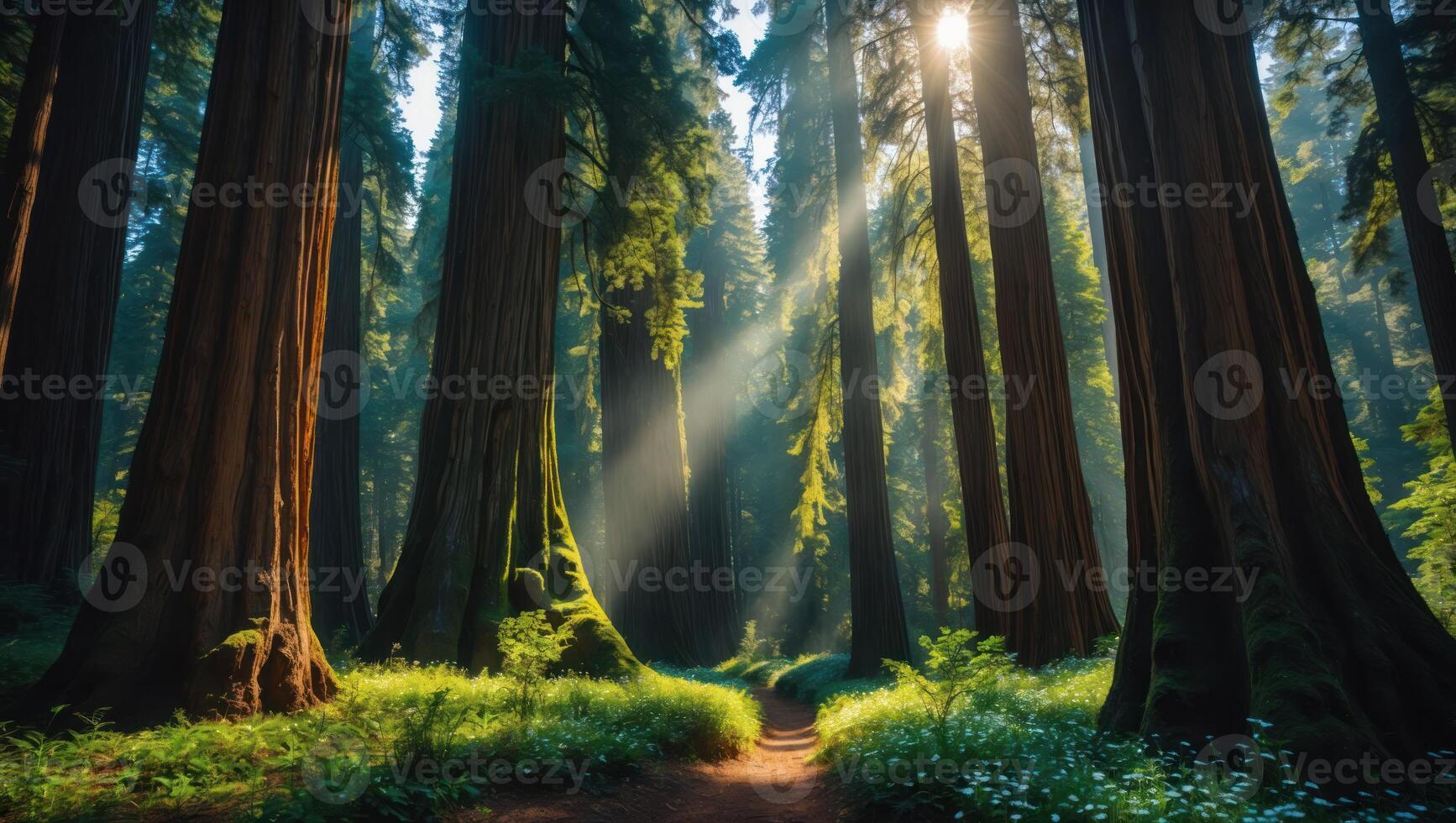 Walking Through Sunlight Filtering Giant Redwood Trees in Forest photo
