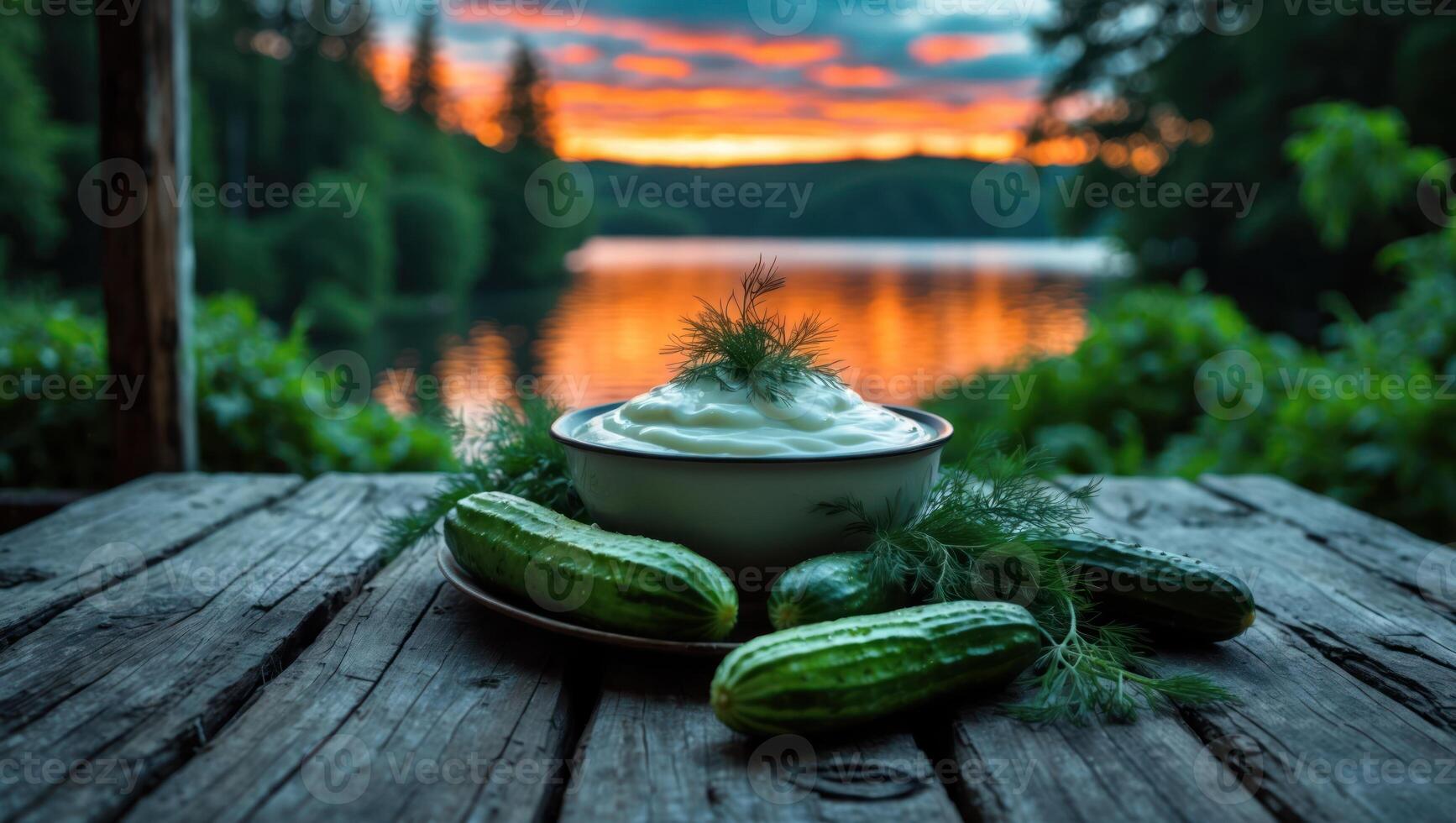 Preparing Creamy Cucumber Salad with Dill on Rustic Wooden Table at Sunset photo
