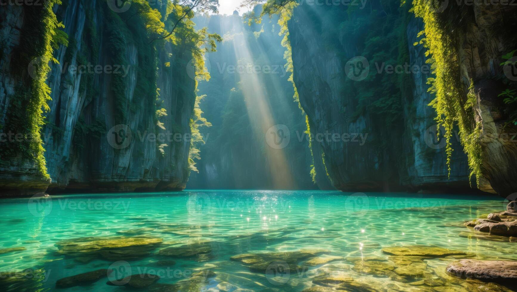 Turquoise Water Surrounded by Tall Cliffs with Sun Rays Shining Through photo