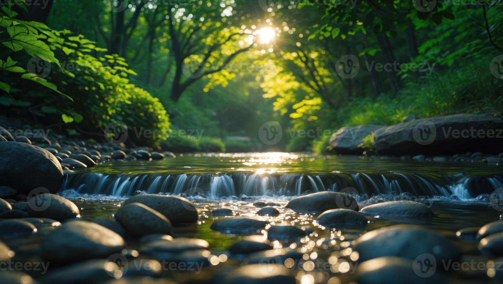 Flowing Stream Through Forest with Sunlit Trees and River Stones photo