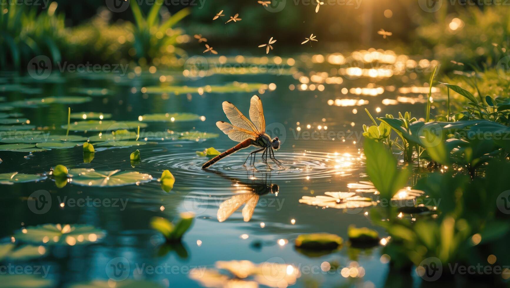 Dragonfly Drinking Water From Pond with Lily Pads and Insects photo