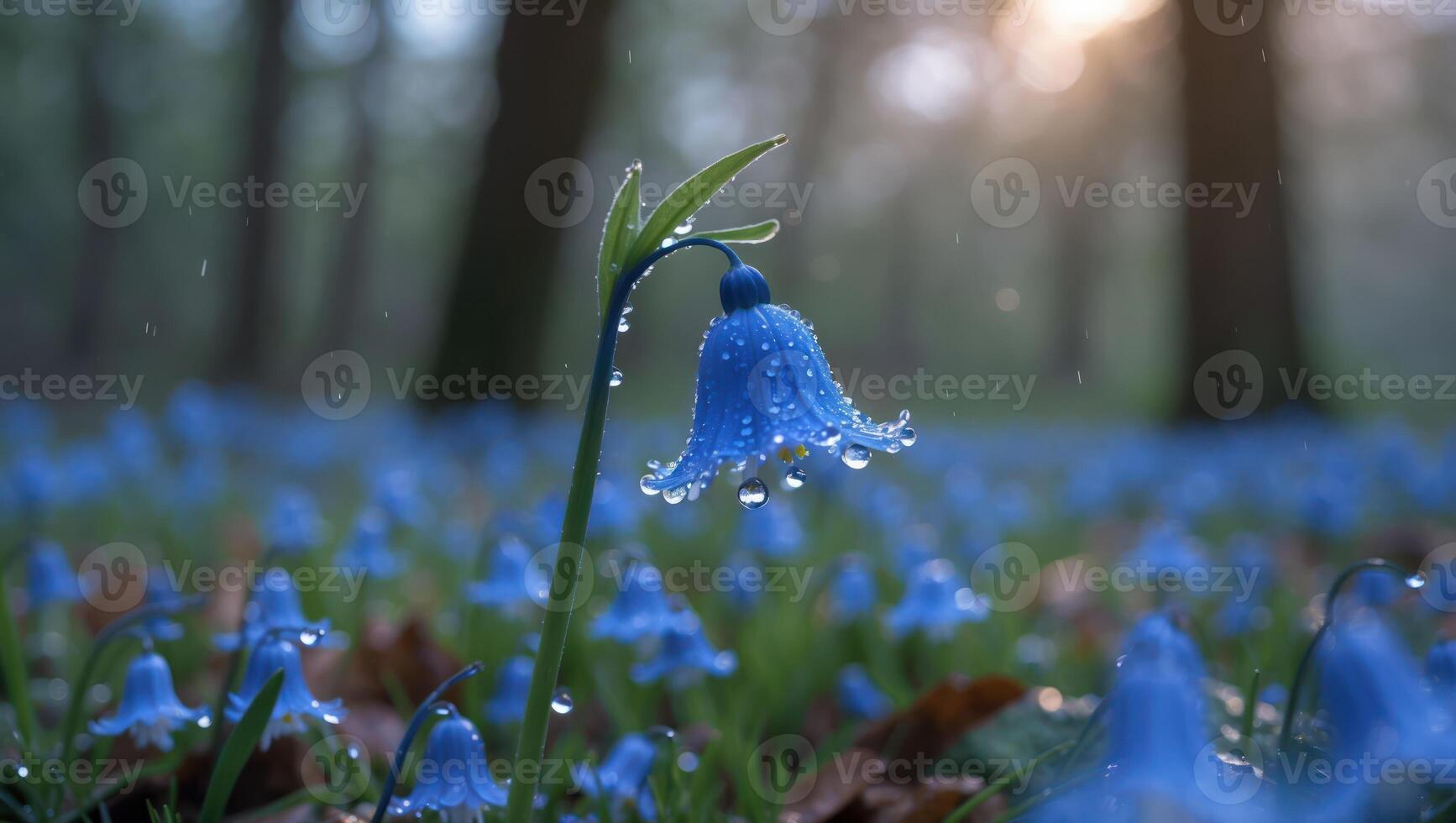 Bluebell Flower with Water Droplets in Forest During Light Rain photo