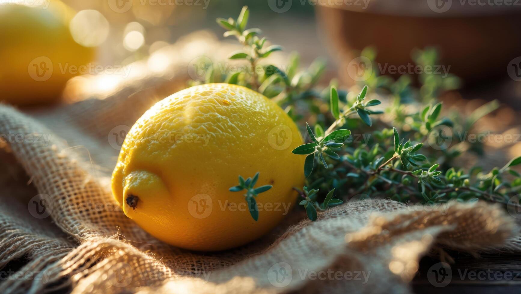 Lemon and Thyme Still Life on Burlap Sack with Soft Light photo
