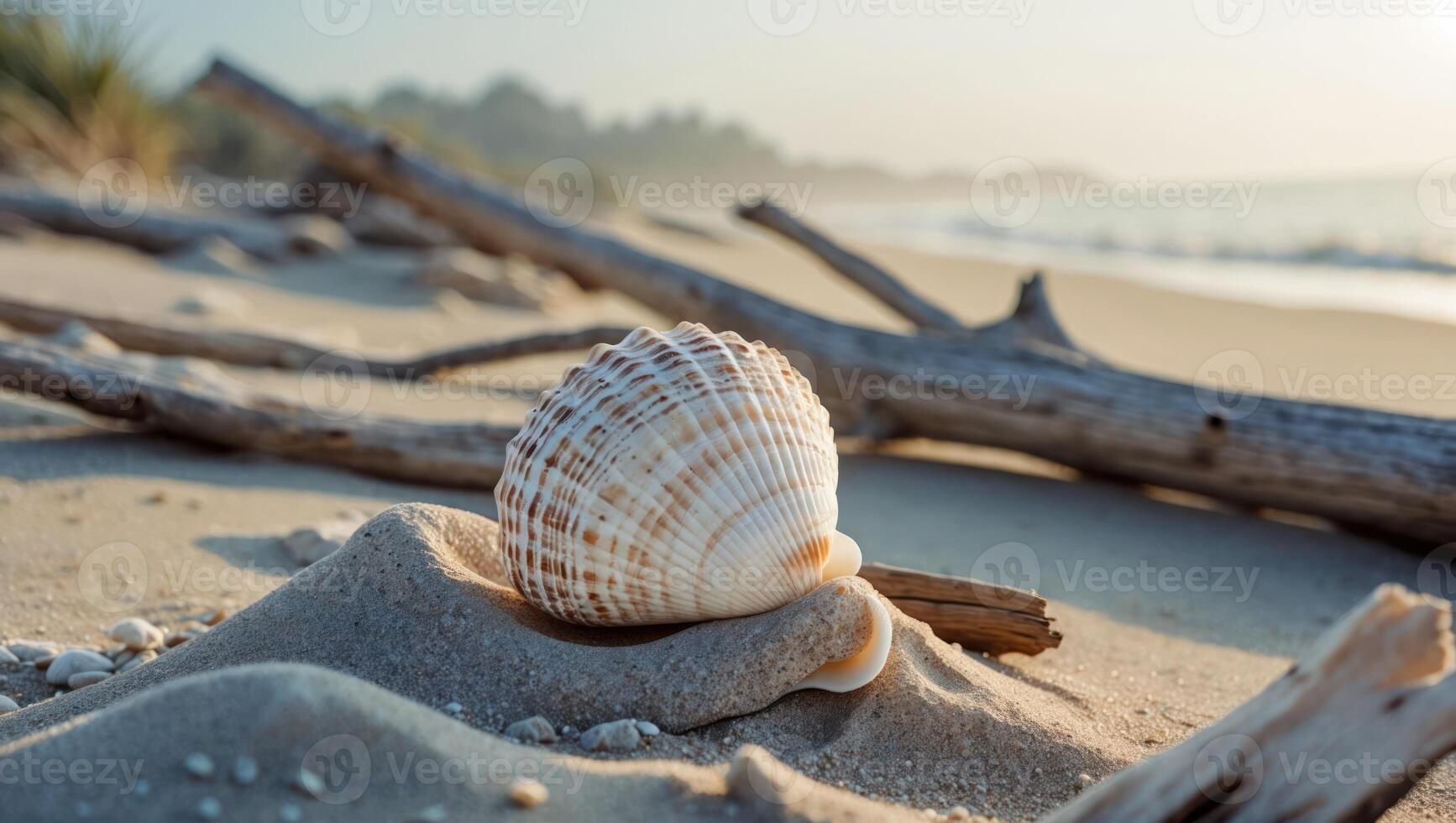 Seashell Resting on Sand with Driftwood at Beach on Sunny Day photo
