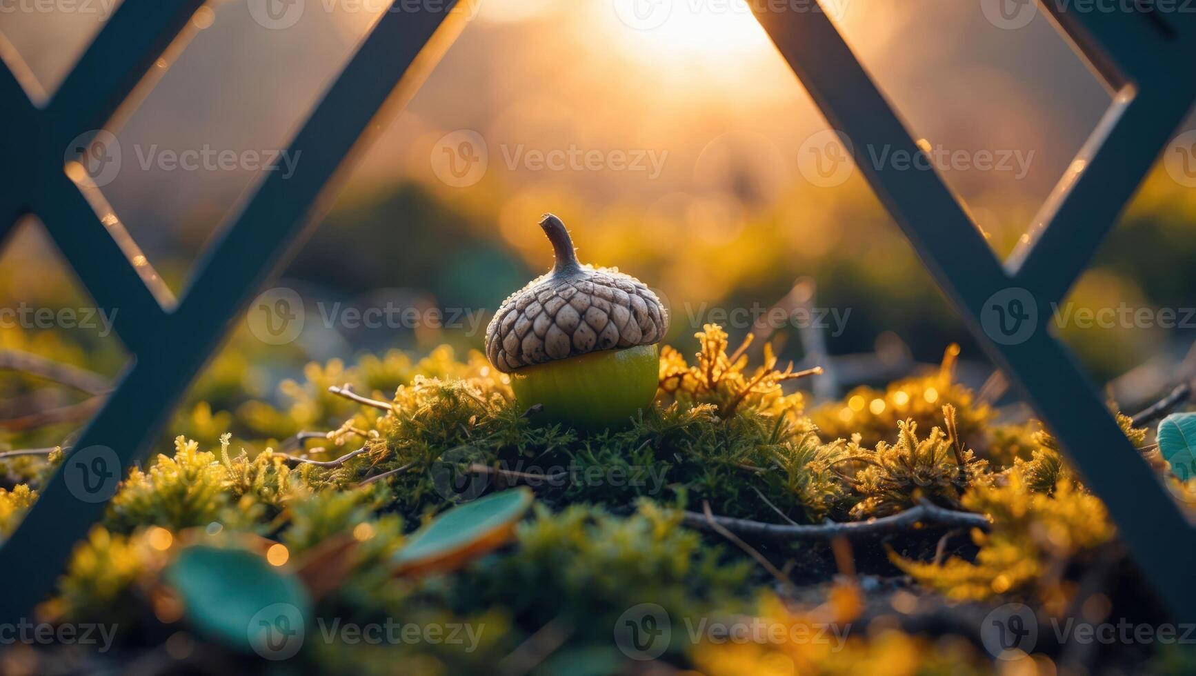 Acorn on Moss Illuminated by Golden Sunlight in Forest Setting photo