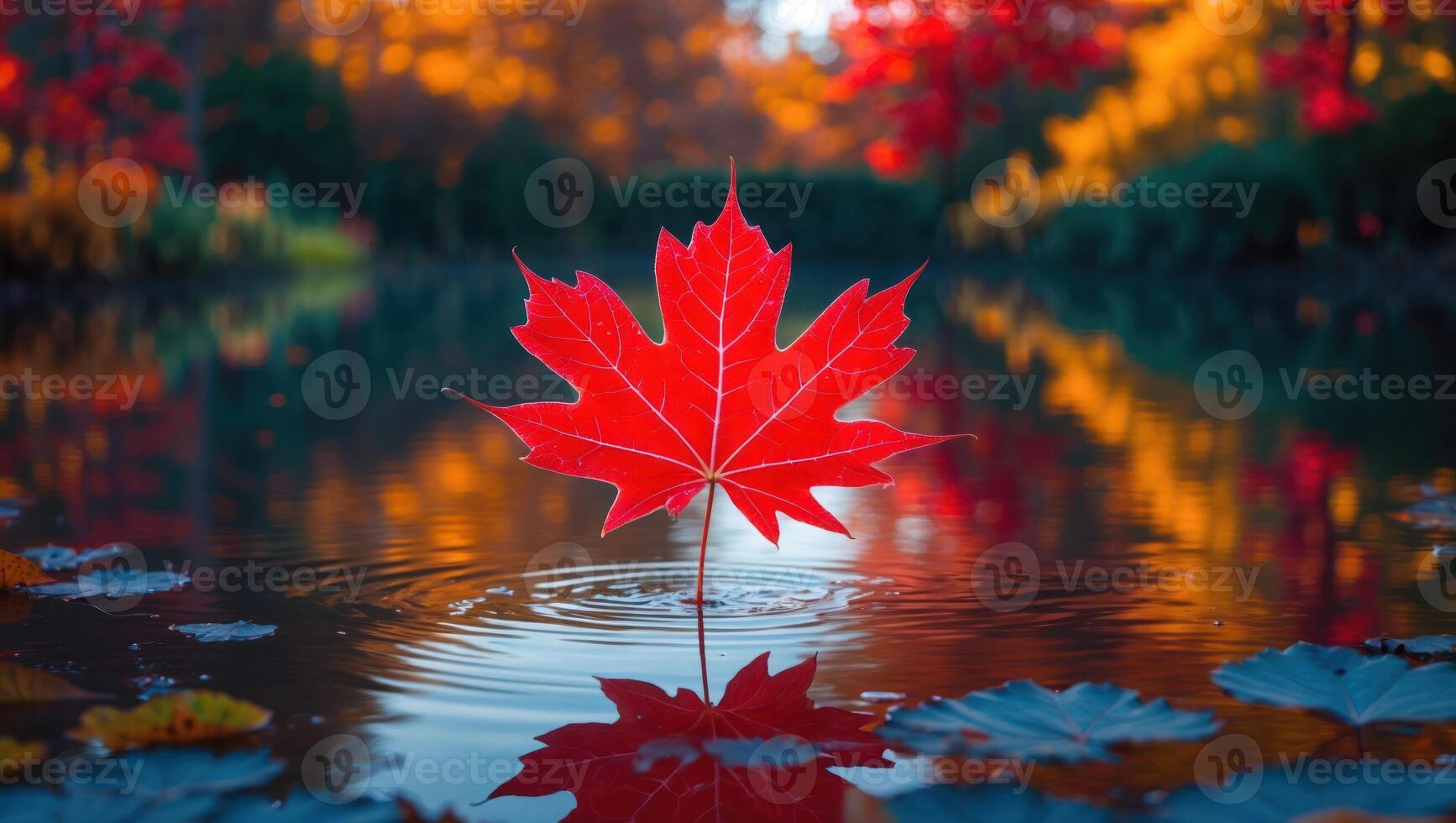 Red Maple Leaf Floating on Pond in Autumn Landscape Scene photo