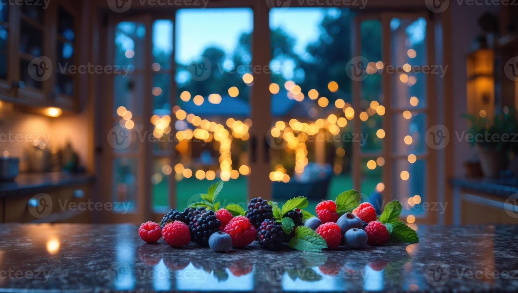 Mixed Berries on Kitchen Counter with String Lights Background at Dusk photo