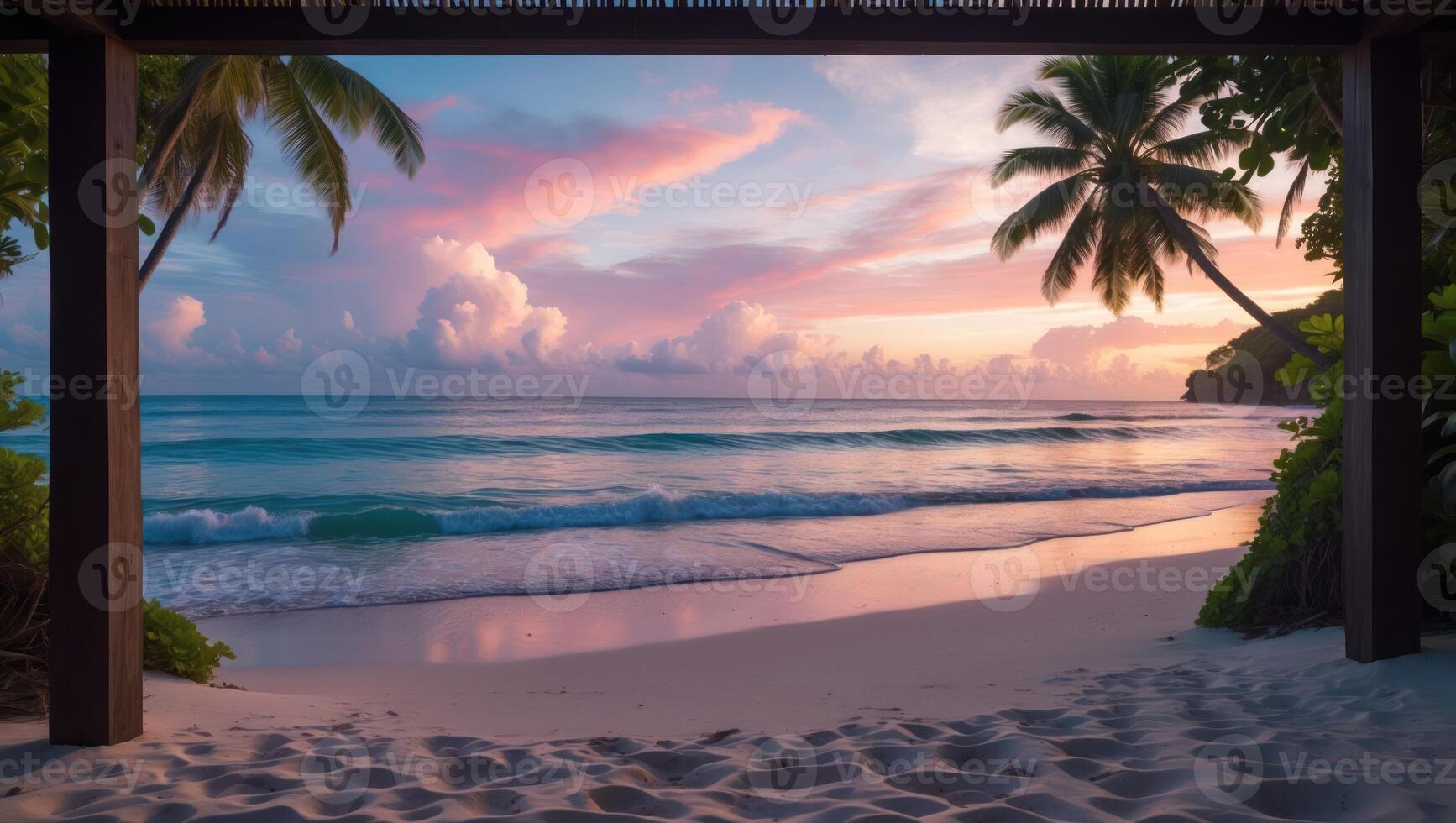 Relaxing Tropical Beach View at Sunset with Palm Trees and Waves photo