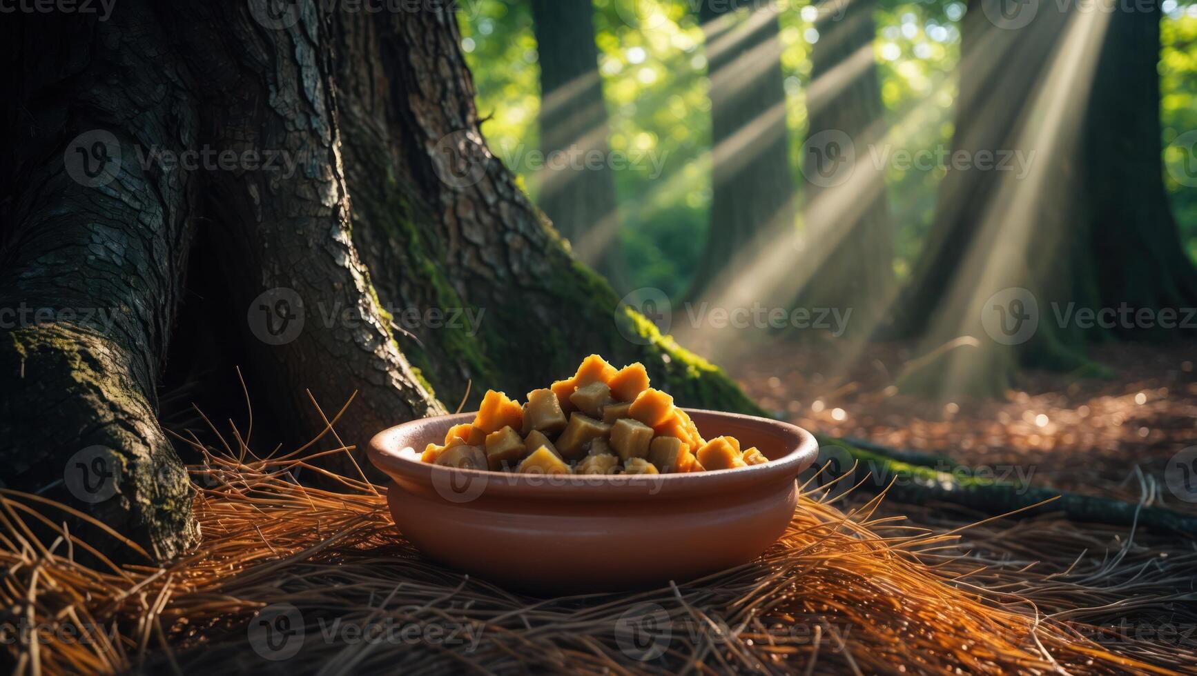 Bowl of Cubed Food in Forest Setting with Sunbeams photo