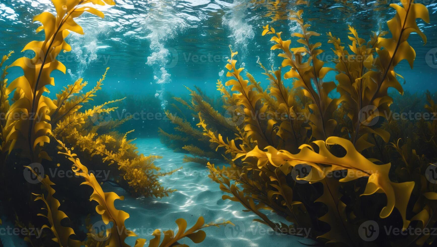 Underwater Seaweed Forest with Bubbles Creates a Tranquil Aquatic Scene photo