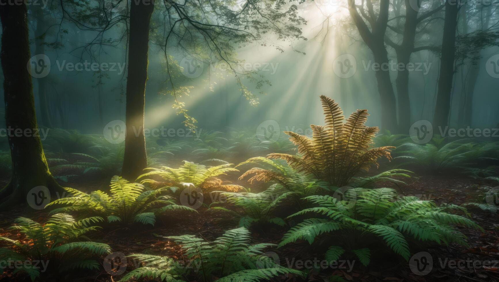 Ferns in Mystical Forest with Sunlight Streaming Through the Trees photo
