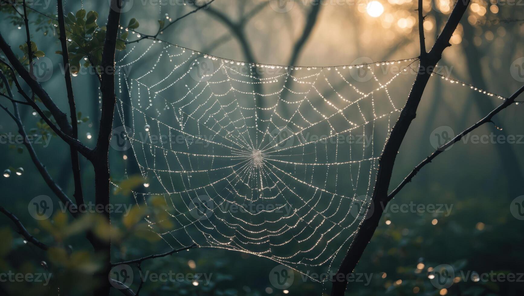 Dew Drops on Spiderweb in Forest at Dawn for a Peaceful Scene photo