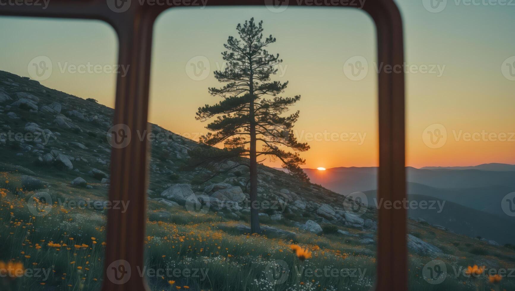 Viewing Mountain Landscape Through Window at Sunset with a Lone Tree photo