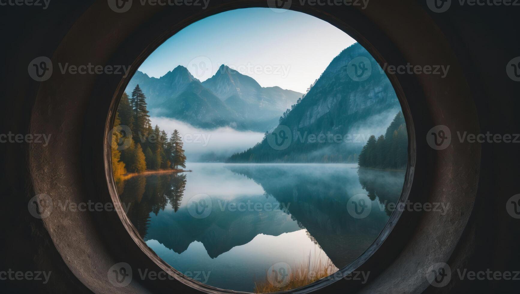 Lake Reflecting Mountains Through a Stone Circle Serene Nature Scene photo