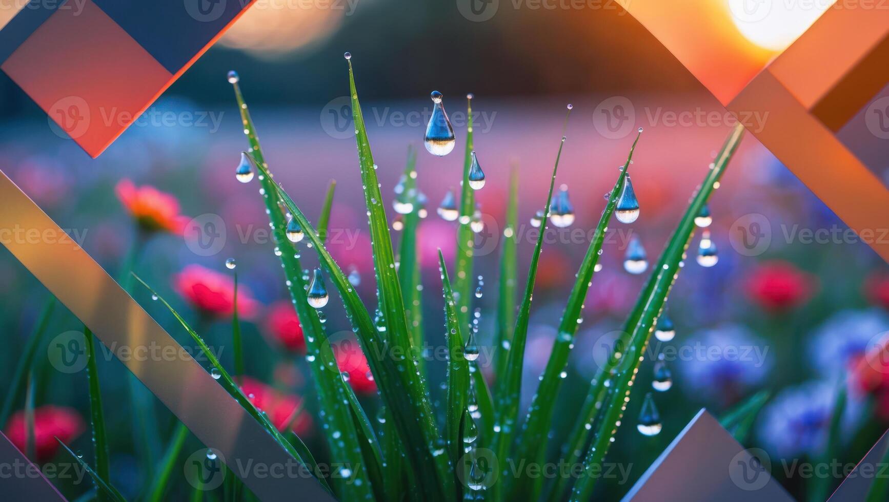 Grass Blades Displaying Water Droplets with Flowers and Abstract Shapes photo