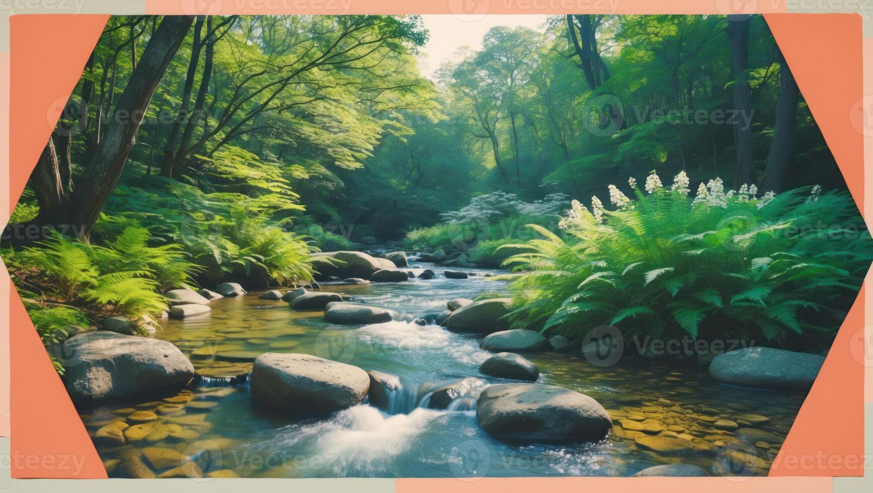 Gentle River Flowing Through Lush Green Forest with Sunlight photo