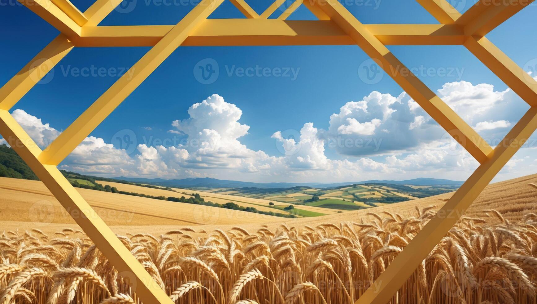 Wheat Field View Through Geometric Frame with Blue Sky and Clouds photo