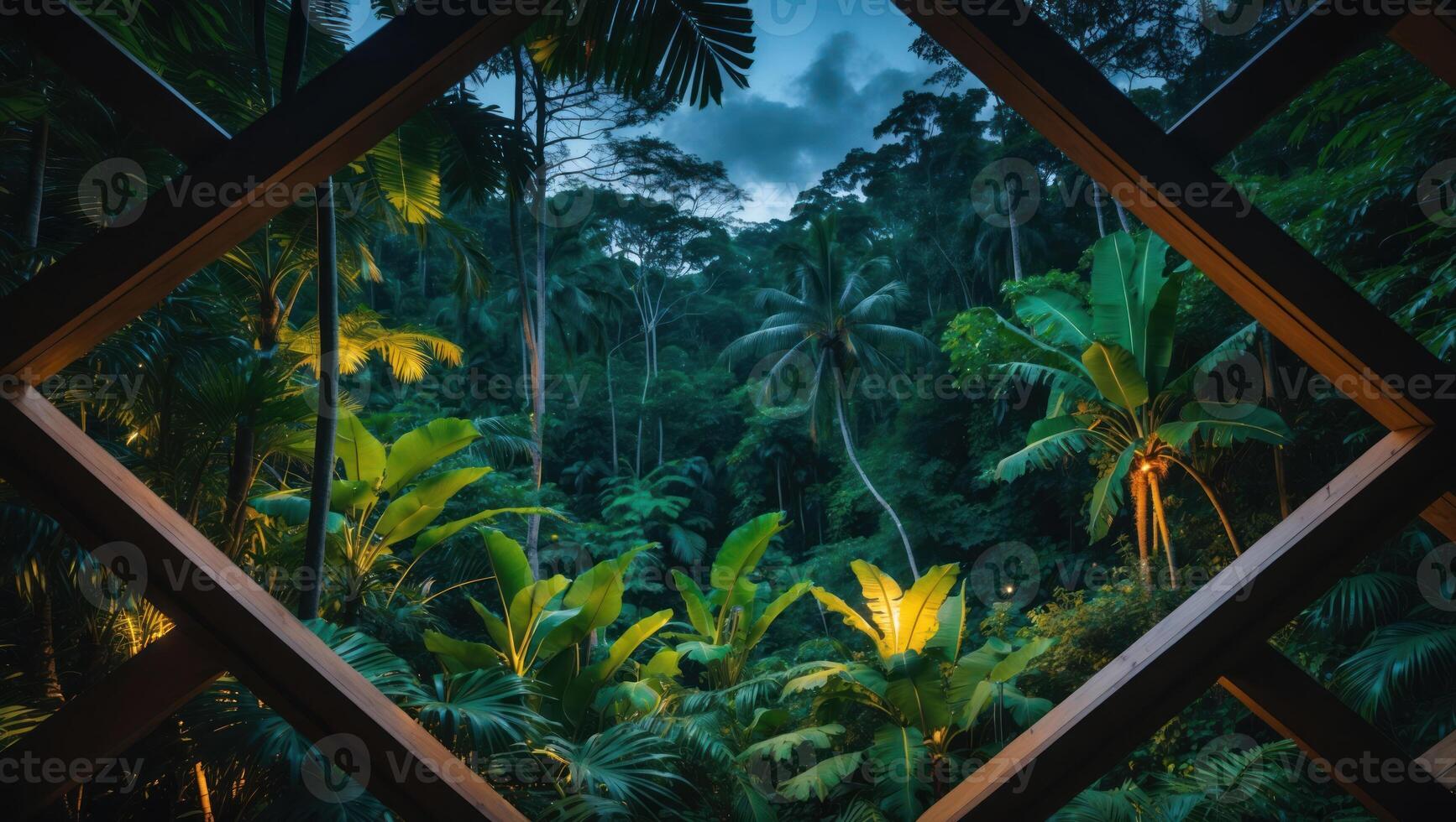 Viewing Lush Tropical Jungle Through Geometric Window Frame at Dusk photo