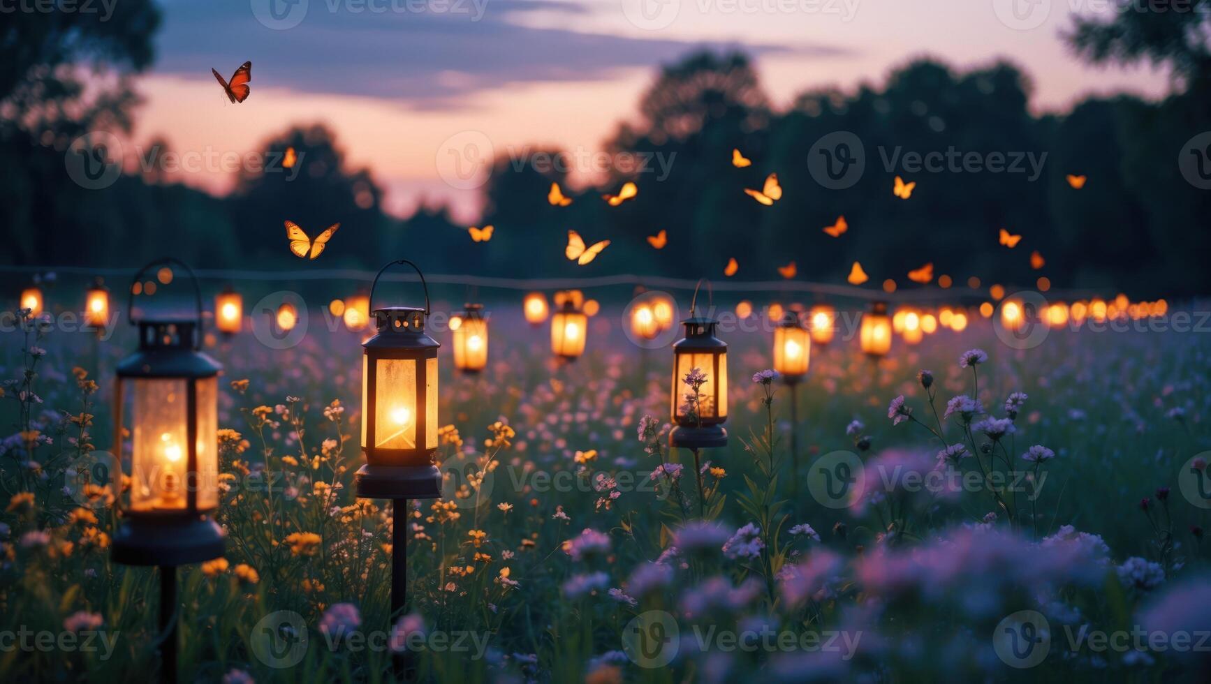 Lanterns Lighting Flower Field at Dusk with Butterflies Flying Around photo