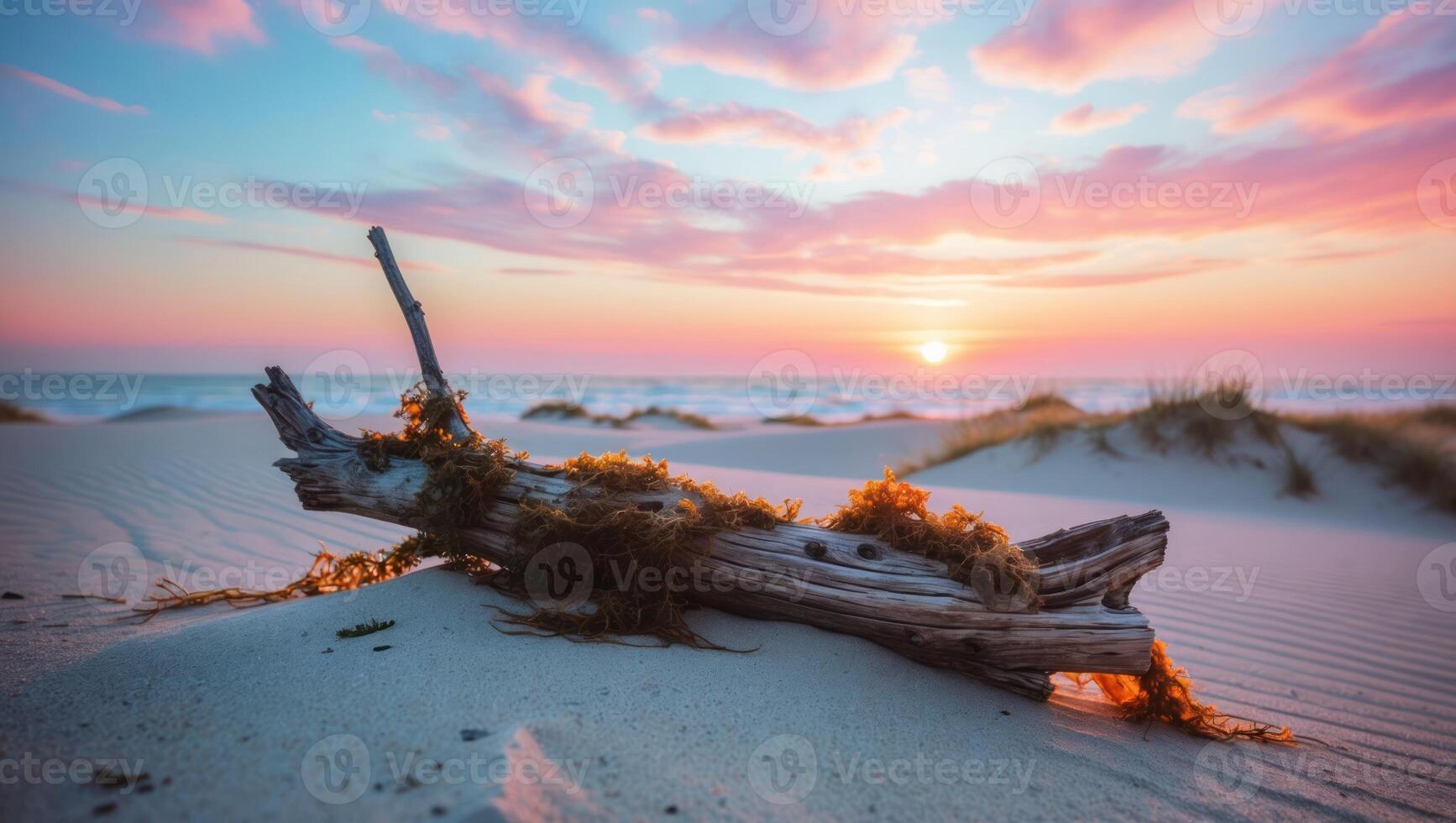 Driftwood on Sandy Beach During Sunset with Colorful Sky photo