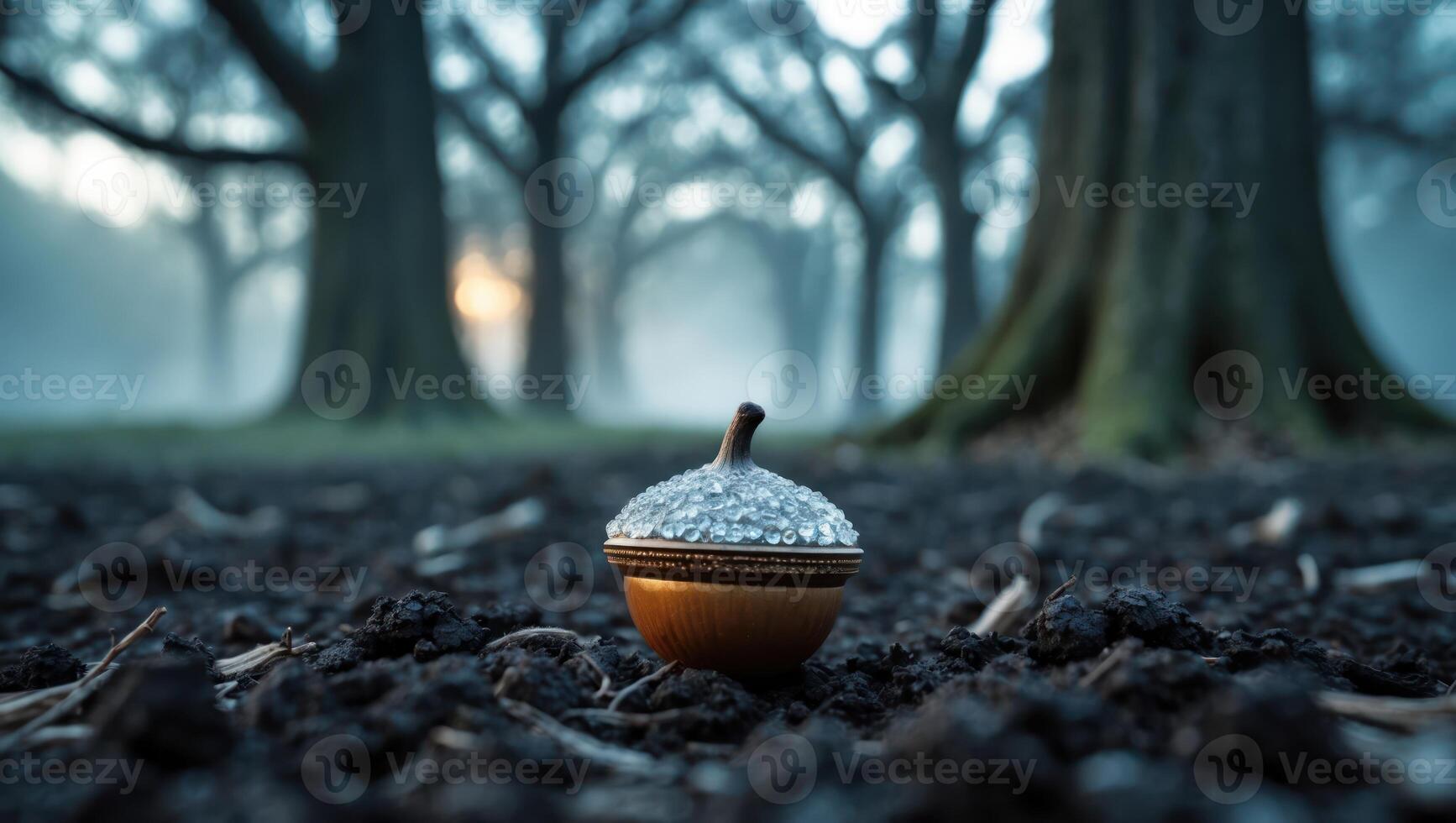 Acorn on Forest Floor with Misty Tree Background at Sunrise photo