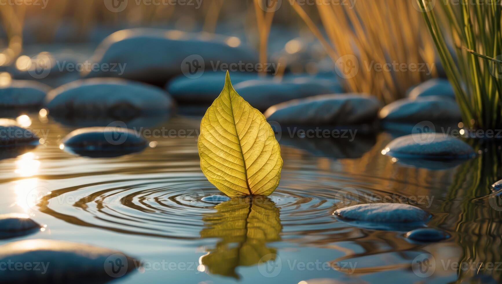 Floating Leaf and Water Ripple Serenity Scene with Rocks and Grass photo