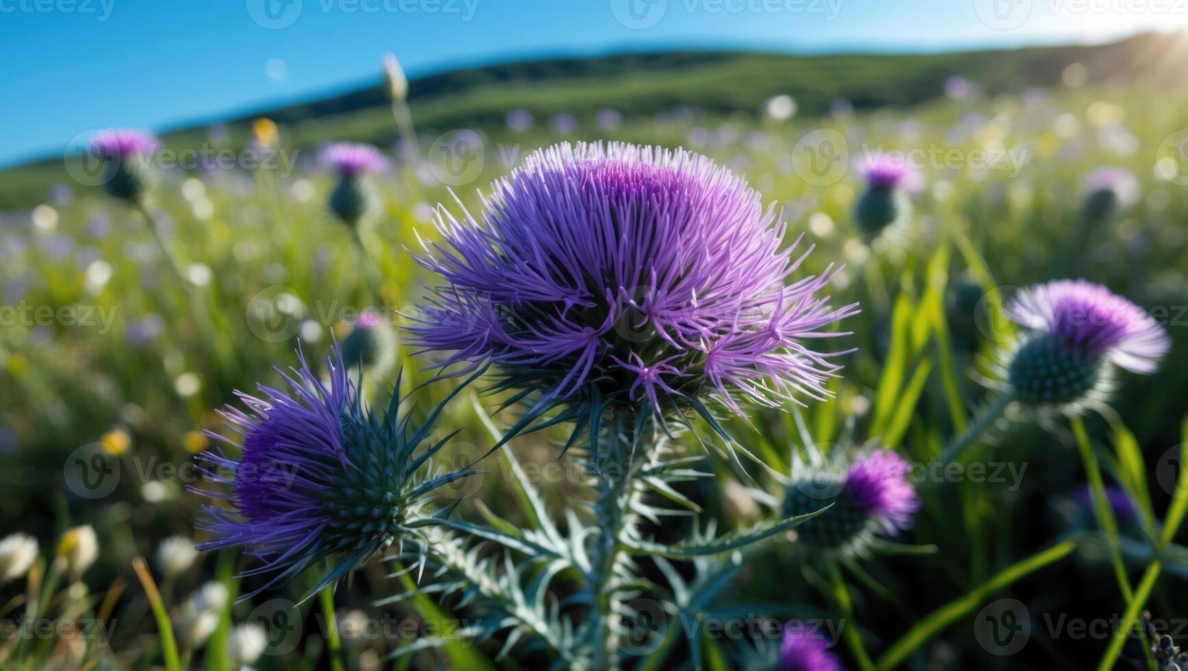 Purple Thistle Flowers in a Meadow on a Sunny Day photo