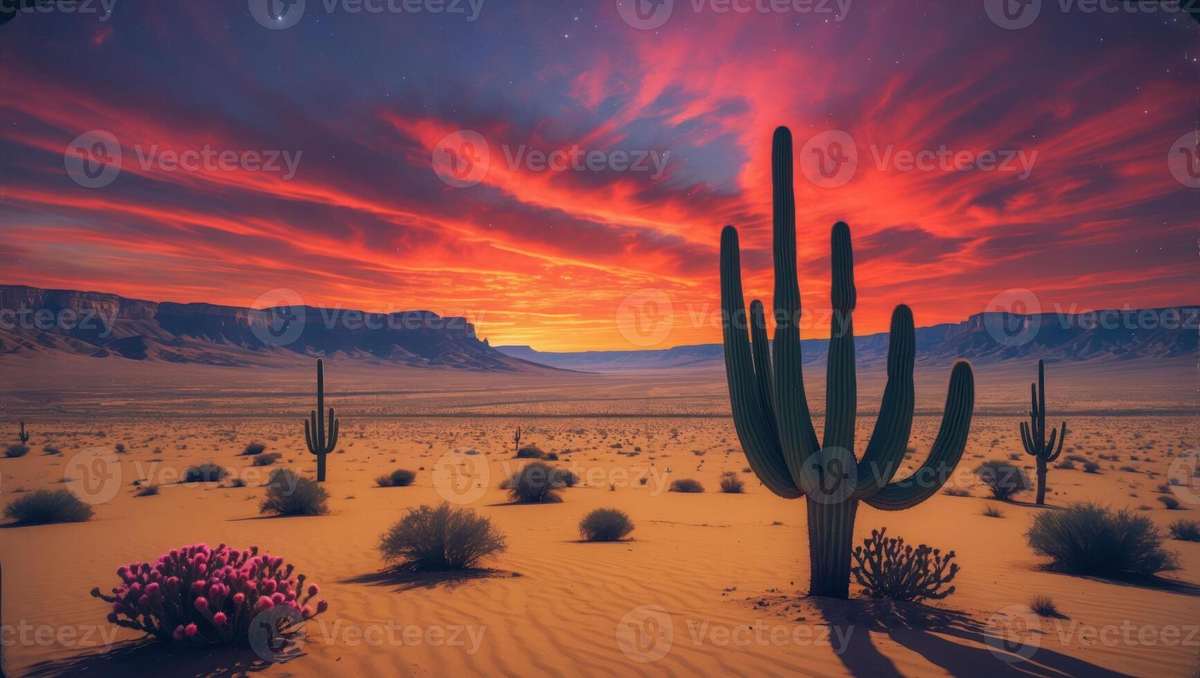 Dramatic Desert Landscape with Cactus Silhouettes and Colorful Sunset Sky photo