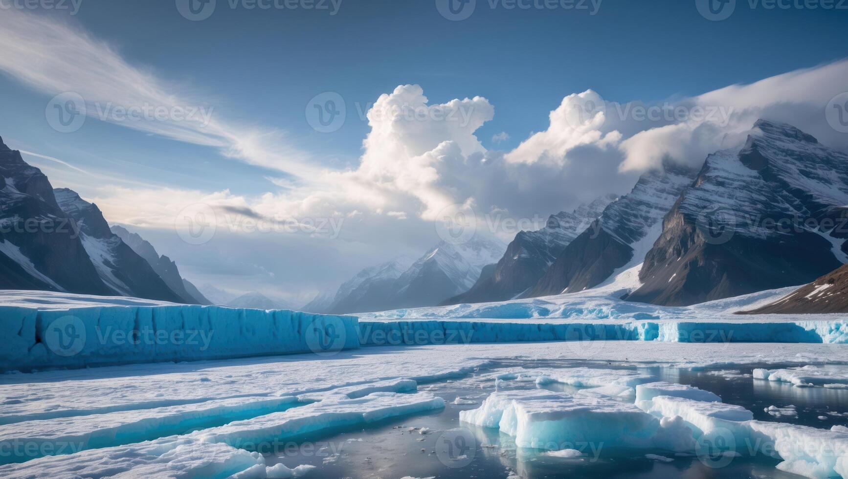 Glacier Landscape with Snow Capped Mountains and Cloudy Blue Sky photo