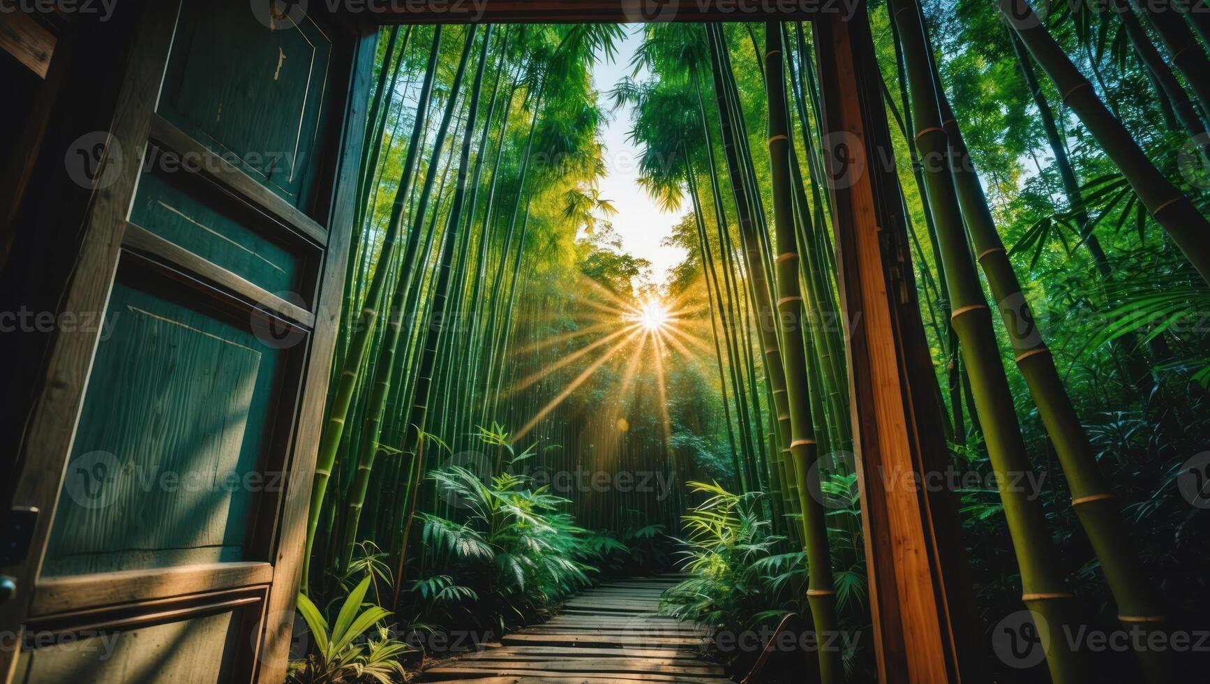 Open Door to Bamboo Forest Path with Sunlight and Lush Greenery photo