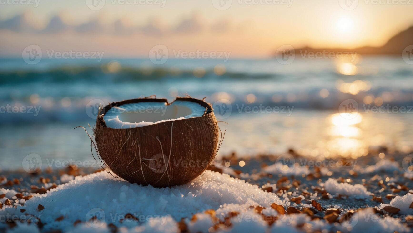 Coconut Half on Sand at Sunset by Ocean Waves photo