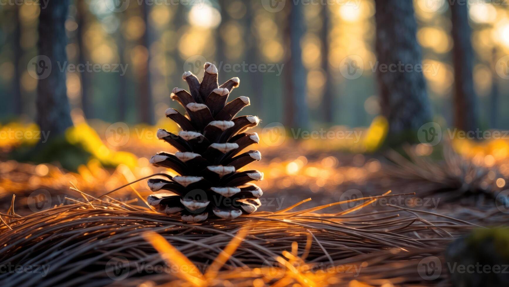 Pine Cone Resting on Needles in Forest with Golden Light photo