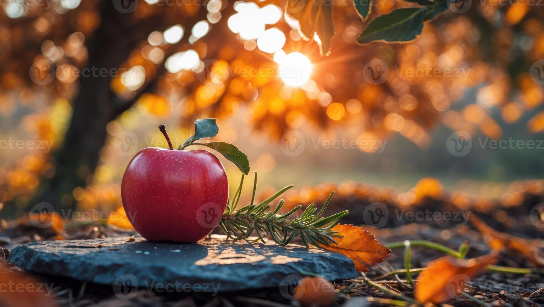 Red Apple on Slate Stone with Fall Leaves and Sunset Light photo
