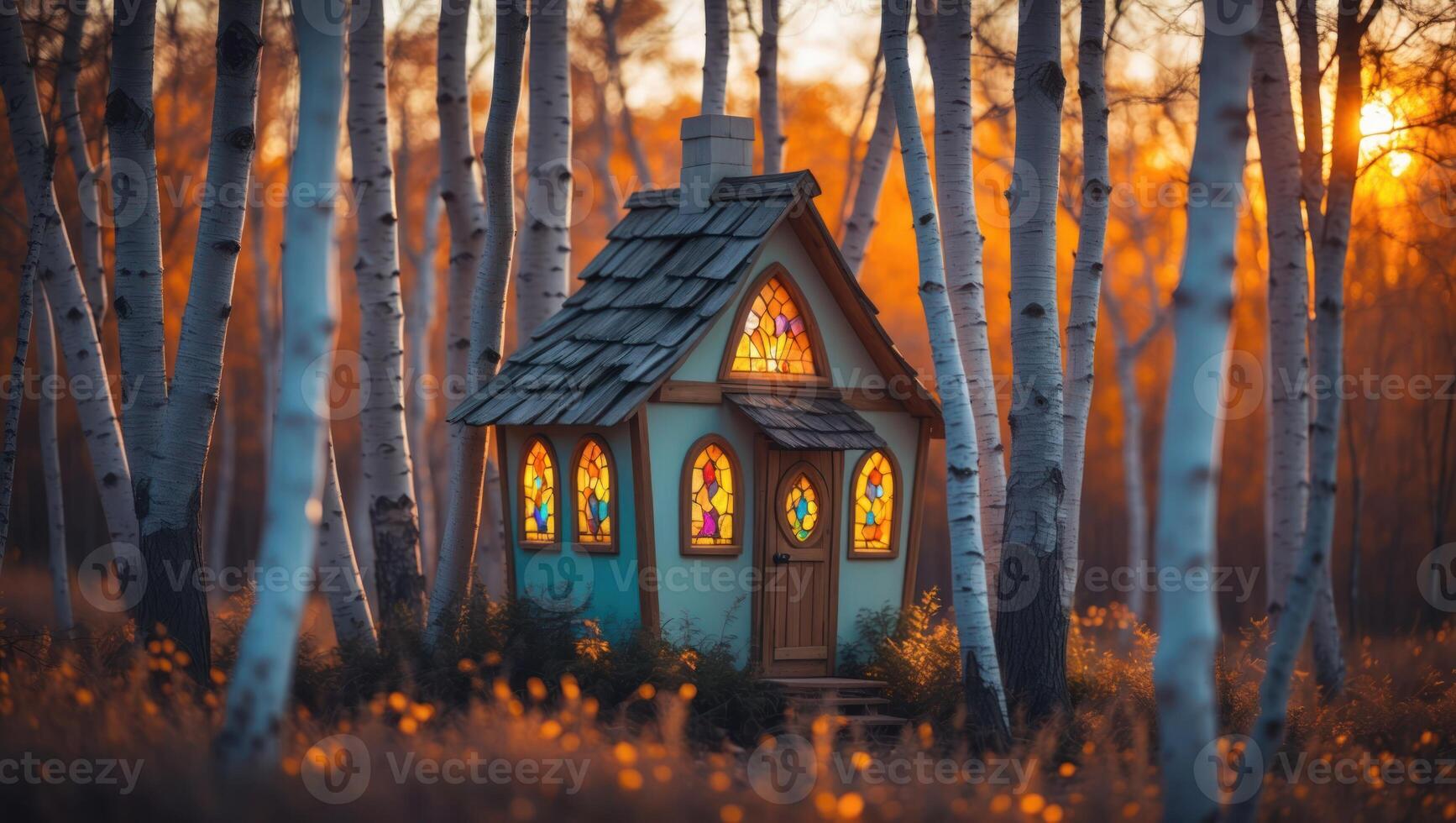 Tiny House in Forest with Stained Glass Windows and Sunset Glow photo