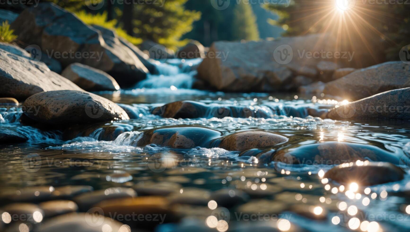Clear Stream Flowing Over Rocks with Sparkling Sunlight in Woods photo