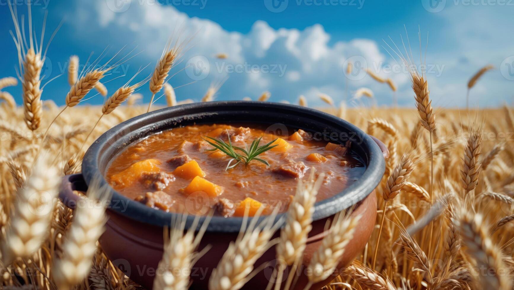 Hearty Stew in Pot Surrounded by Wheat Field on Sunny Day photo