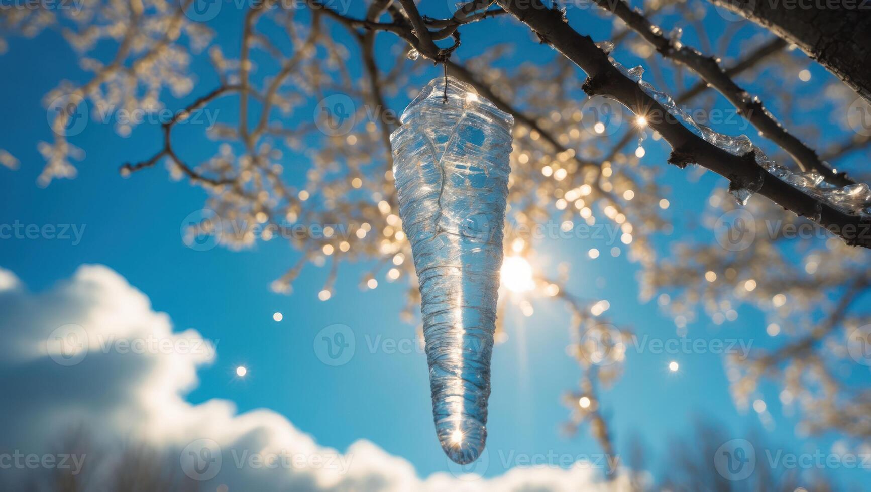 Icicle Hanging From Branch with Bright Sunlight and Winter Sky photo