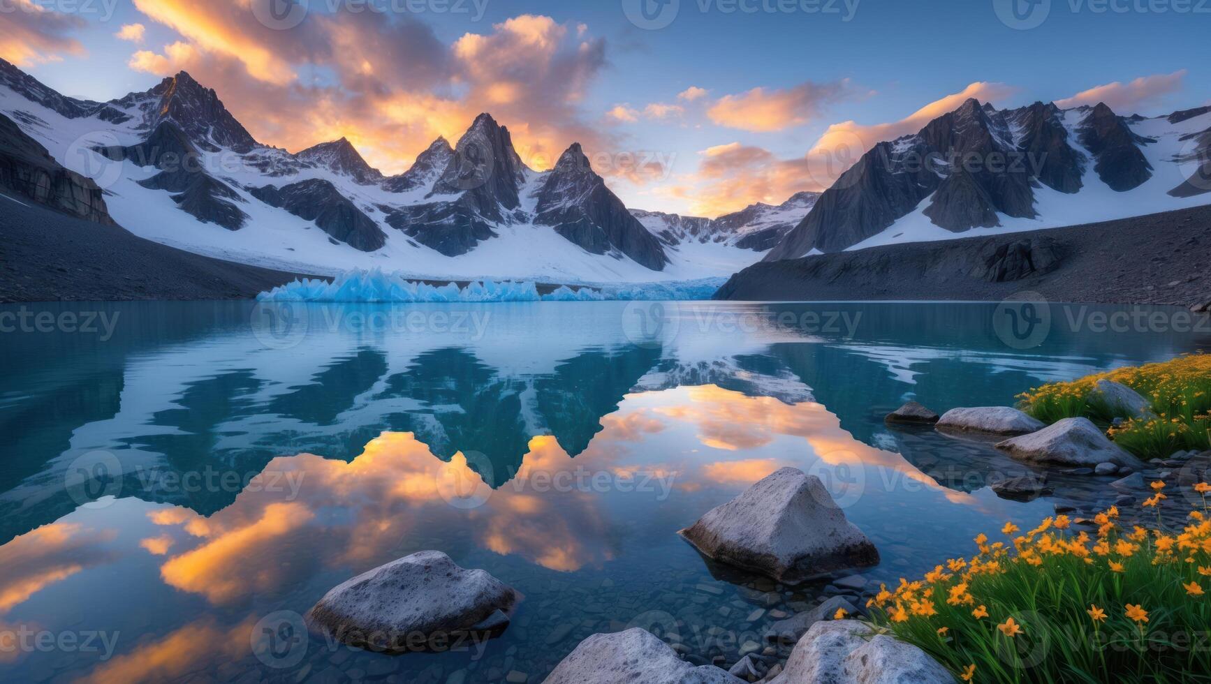Reflecting Mountain Peaks Over Tranquil Lake with Yellow Wildflowers at Sunset photo