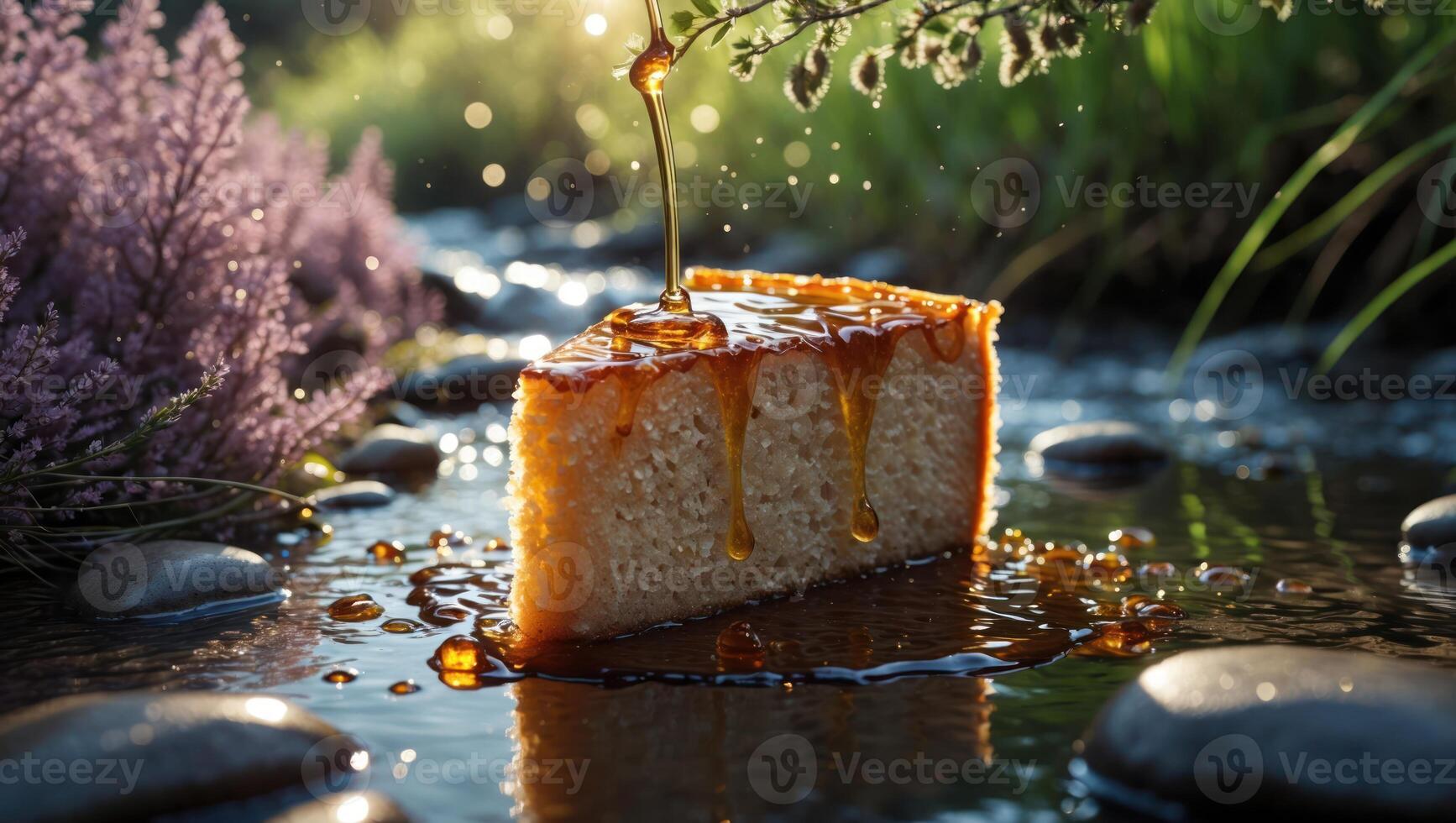 Cake Slice with Dripping Syrup in Stream Natural Light photo