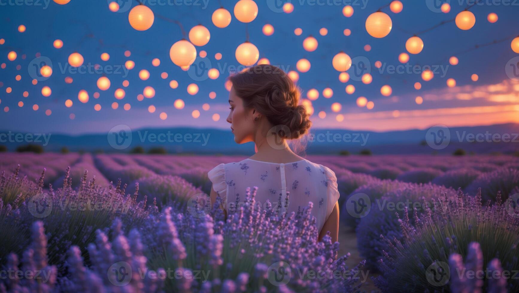 Woman Gazing Across Lavender Field Under Glowing Lanterns at Dusk photo