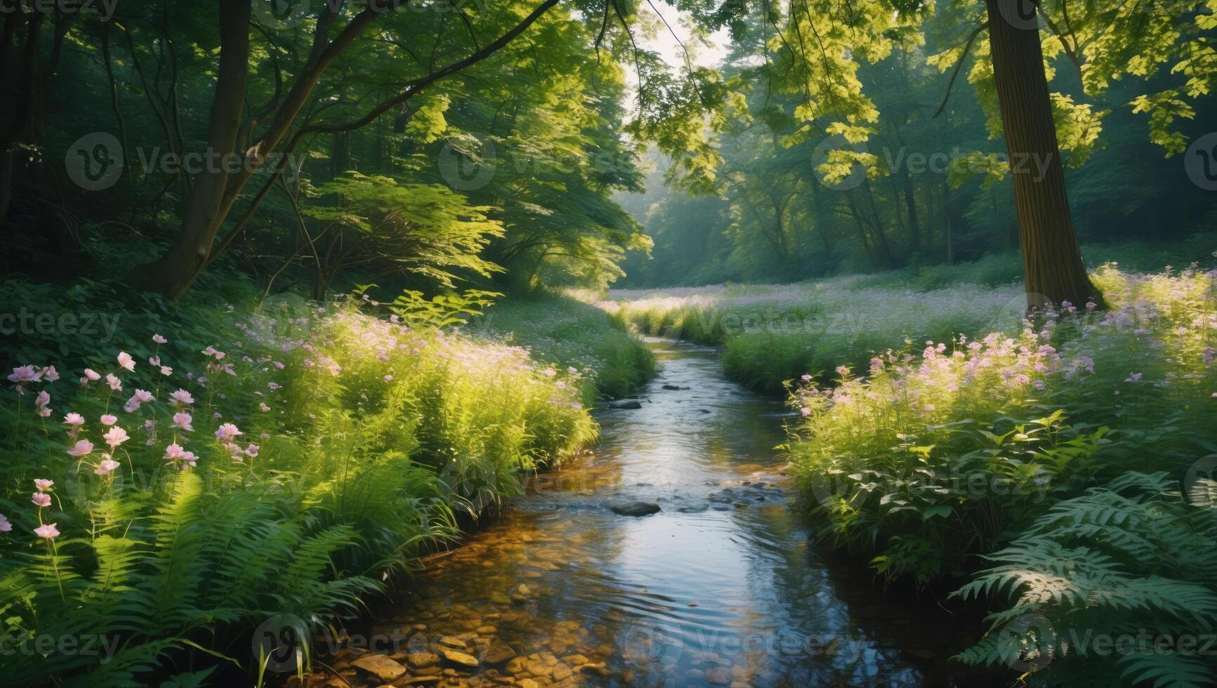 Peaceful Forest Stream Flowing Through Green Ferns and Wildflowers photo