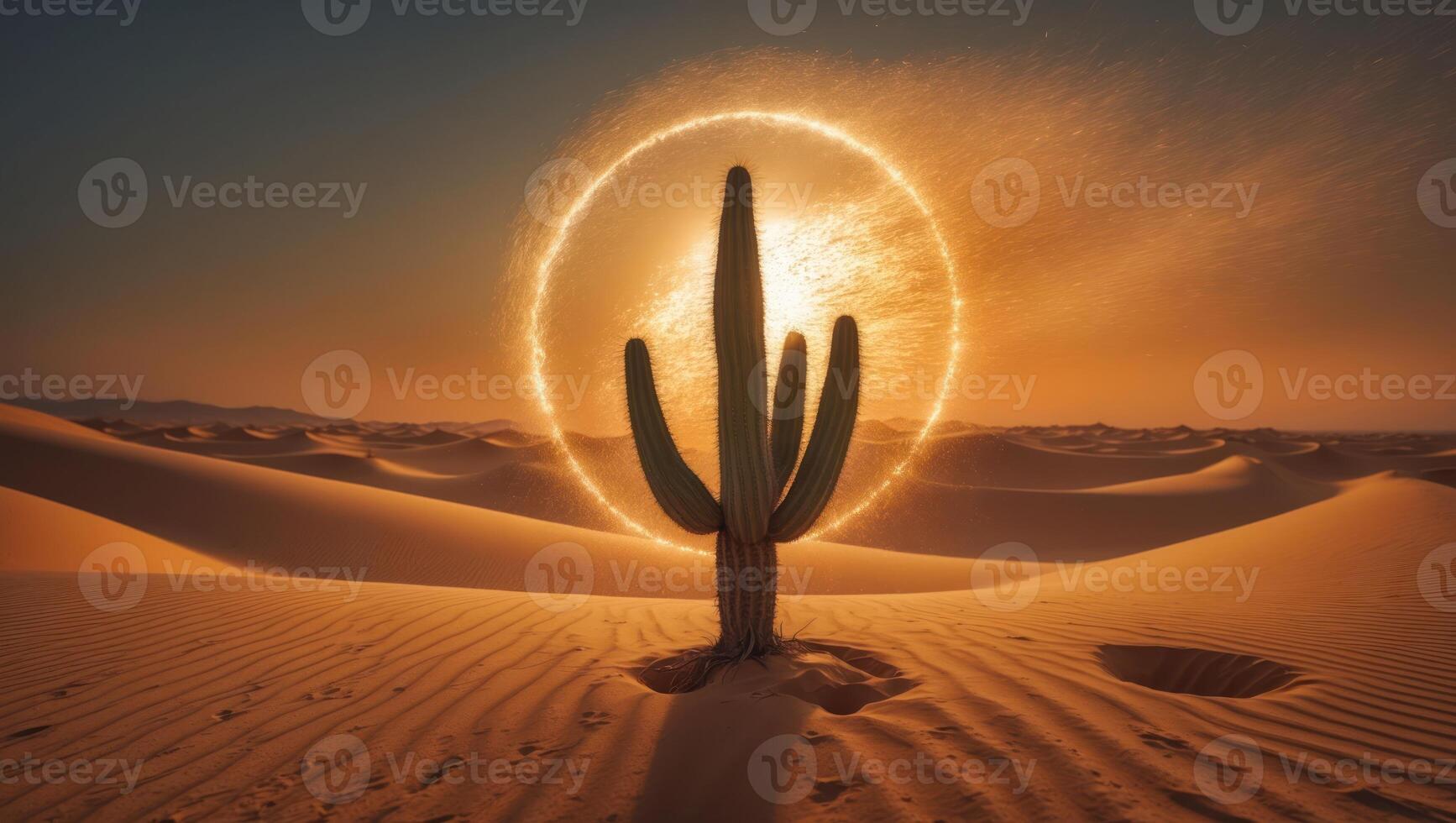 Cactus Standing Tall in Desert with Glowing Light Circle Background photo