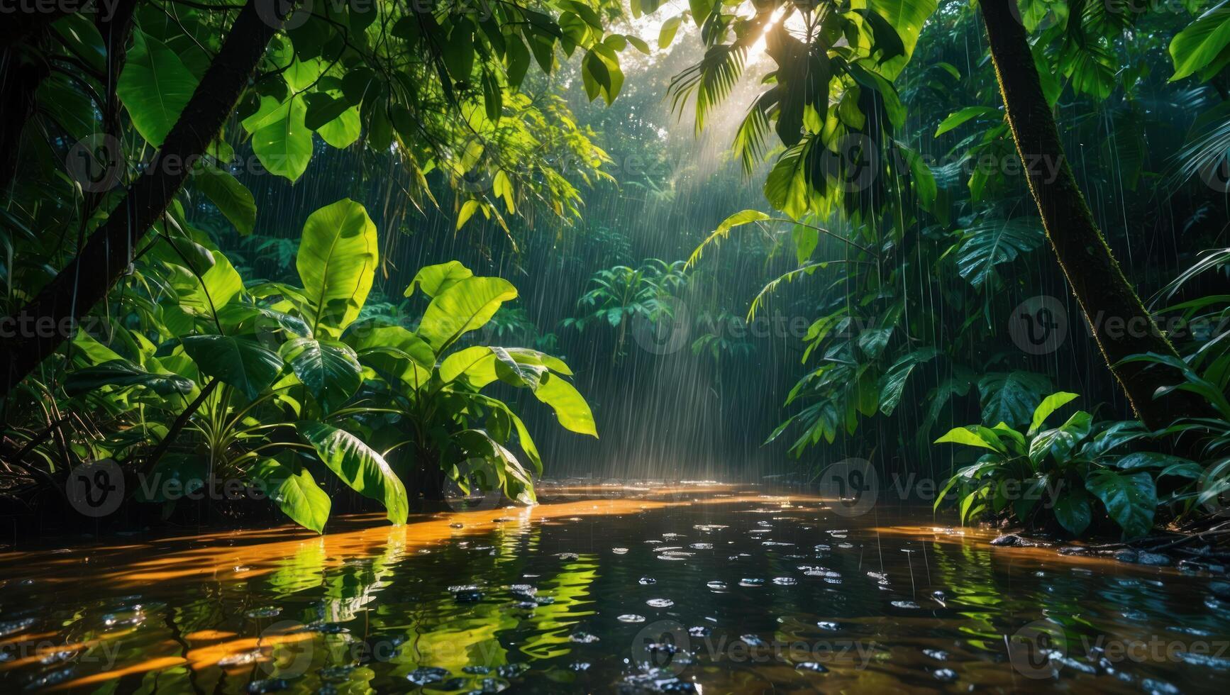 Rain Falling in Tropical Forest Scene with Water Reflection photo